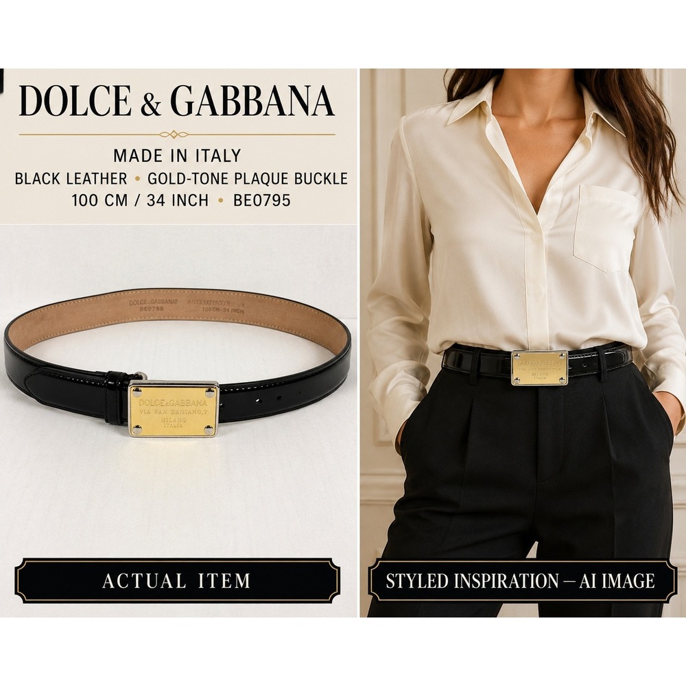 Dolce & Gabbana Black Patent Leather Belt Gold Logo Plaque Milano Italia Size 34